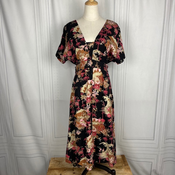 Current/Elliott Dresses & Skirts - Current/Elliot - Linen Blend- Black/Pink Bamboo/Floral Print Midi Dress - Size 2